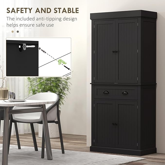 HOMCOM 71" Kitchen Pantry Cabinet with LED Motion Sensor Light, Tall Storage Cabinet with 6 Door Shelves, Drawer & Adjustable Shelves, for Living & Dining Room, Black