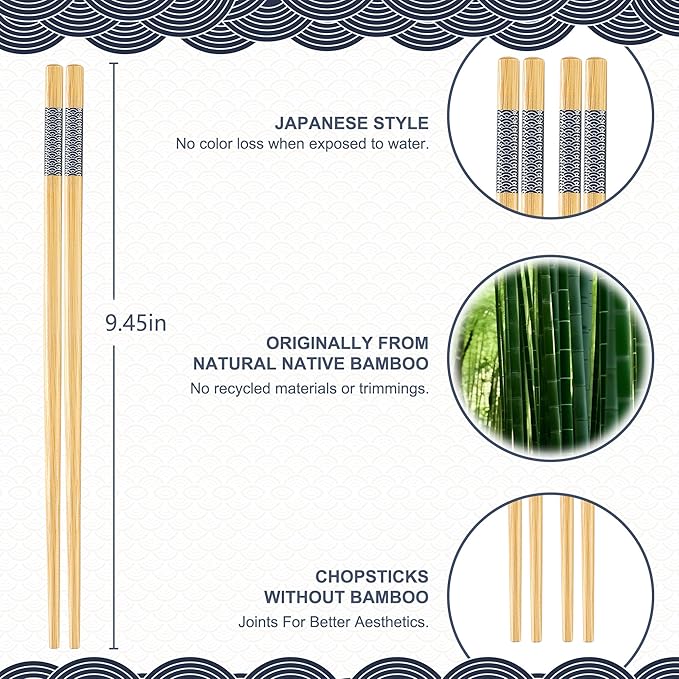 10Pairs Bamboo Chopsticks Reusable | Dishwasher Safe | Non slip | Chinese -（9.45in）