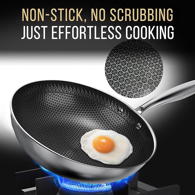 Nonstick Stainless Steel Pan Set ??11??Wok with Lid + 10??Frying Pan with Lid, Tri-Ply Honeycomb Hybrid Pans, Premium Kitchen Bundle