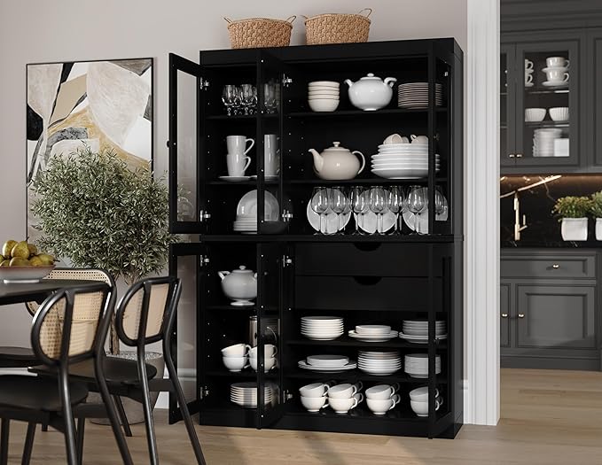Palace Imports 100% Solid Wood 48.5" Pantry China Cabinet with Clear Glass Doors, 2-Drawers and Adjustable Shelves (Black)