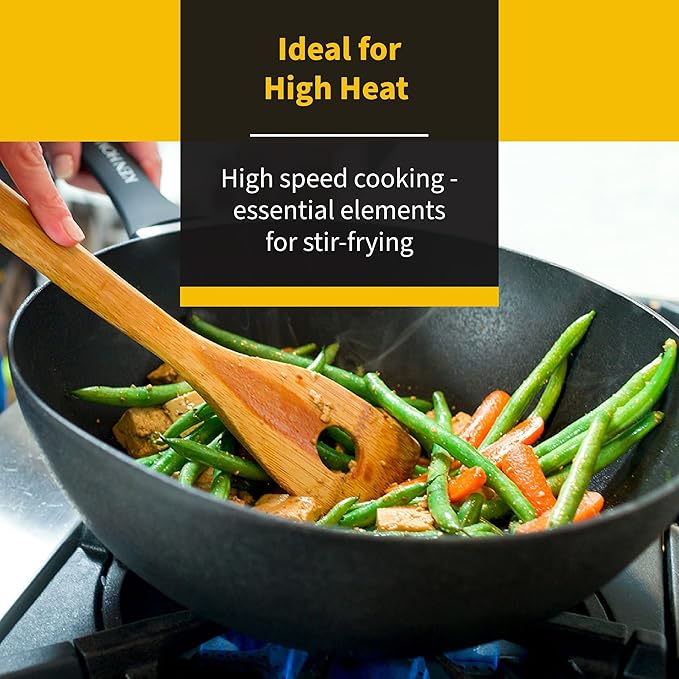 Ken Hom Stir Fry Wok 12" Aluminum Nonstick Pan with Soft Touch Handle and Flat Bottom, Black