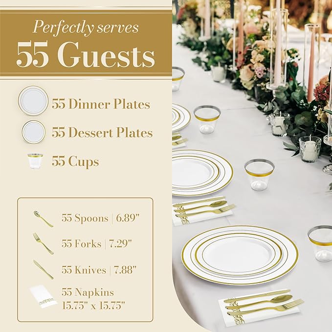 Reli. Plastic Plates for Party | 385 Pieces | White w/Gold Rim | Plates and Napkins Party Supplies | Disposable Dinnerware Set for 55 Guests | Dinner & Dessert Pack, Gold Cutlery Set, Napkins, Cups