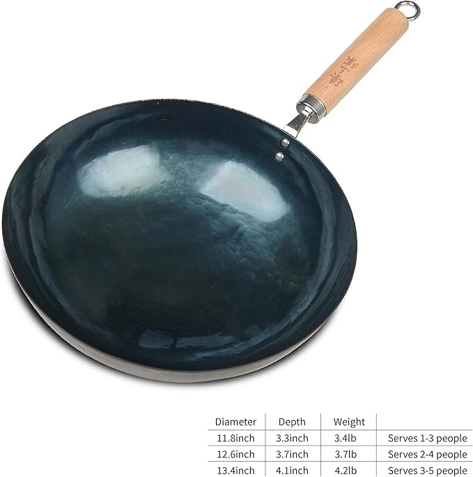 ZhenSanHuan Chinese Hand Hammered Iron Pow Woks and Stir Fry Pans Wooden Handle (Seasoned 34CM)