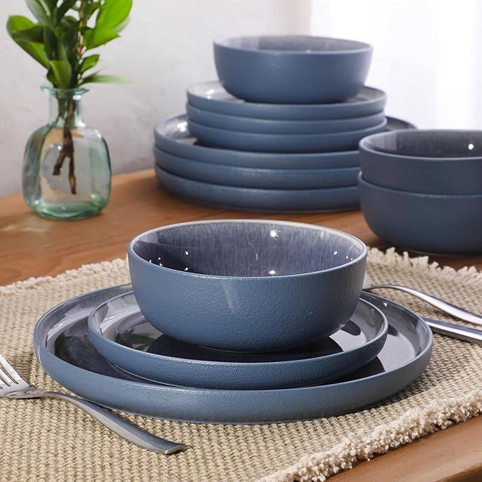 Gibson Elite Tahoe Sunset 12-Piece Reactive Stoneware Dinnerware Set ??Matte Exterior & Shiny Interior Plates and Bowls, Durable Everyday Dish Set, Microwave & Dishwasher Safe - Blue