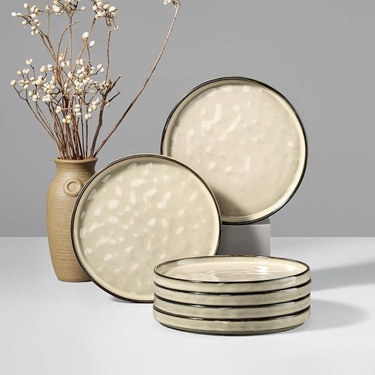 HaWare Stoneware Plates Set of 6, 7.9??Salad Plates, Reactive Glaze Ripple Ceramic Dish Set for Appetizer, Dessert, Scratch Resistant, Small Dinner Plate, Microwave and Dishwasher Safe, Saturn Khaki