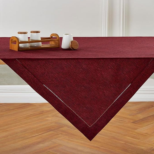 Solino Home Linen Square Tablecloth 52 x 52 Inch - 100% Pure Linen Red Garnet Table Throw - Milan Hemstitch, Machine Washable Table Cloth for Valentines, Winter