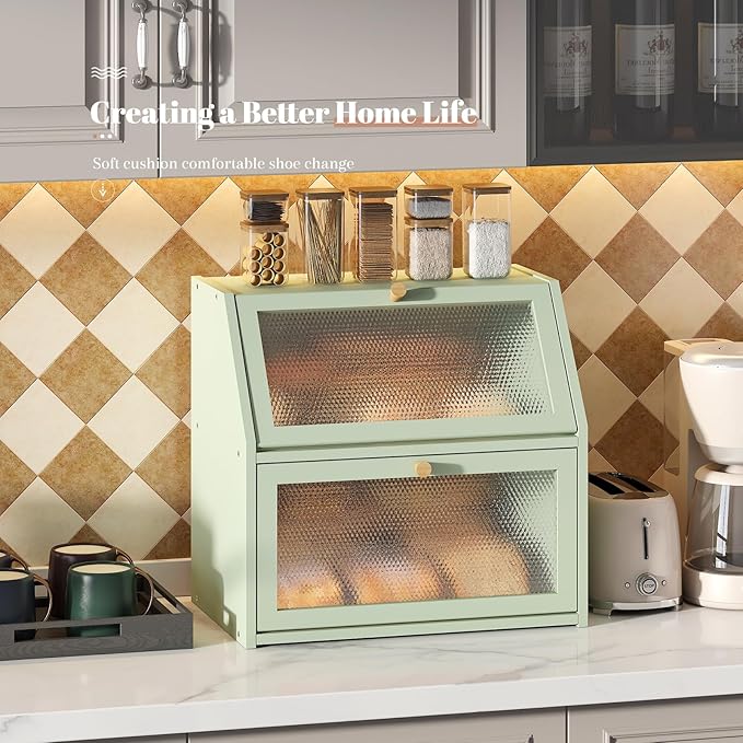 Bread Box for Kitchen Countertop Bin Double Layer Bread Box Storage Container Extra Large Capacity Farmhouse with Diamond Pattern Windows (Green, Extra Large)