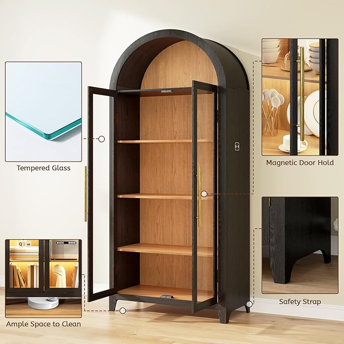 Arch Storage Cabinet with Tempered Glass Door, 71??Arched Display Floor Cabinet, 5 Tier Farmhouse Buffet with Storage for Dining Room, Living Room, Home Office or Kitchen(Black&Oak)