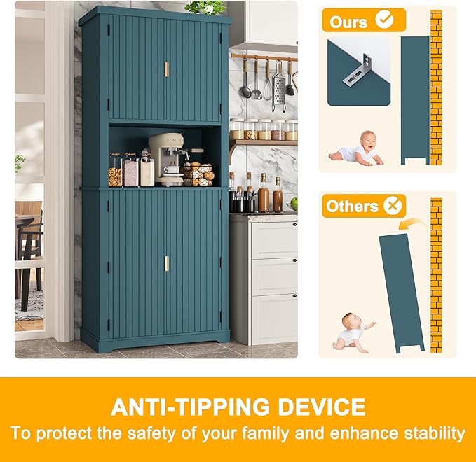 BlueWish 72" Pantry Cabinet with Cable Management Hole, Tall Kitchen Pantry Storage Cabinet with Microwave Stand, Kitchen Cupboard Fluted Buffet Sideboard Hutch for Living Room, Dining Room
