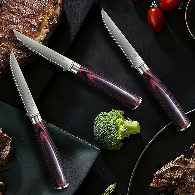 Steak Knives Set of 6, Serrated Steak Knife Set 4.5 Inch, Ultra Sharp Forged High Carbon Stainless Steel Dinner Knife with Ergonomic Pakkawood Handle, Damascus Pattern and Gift Box