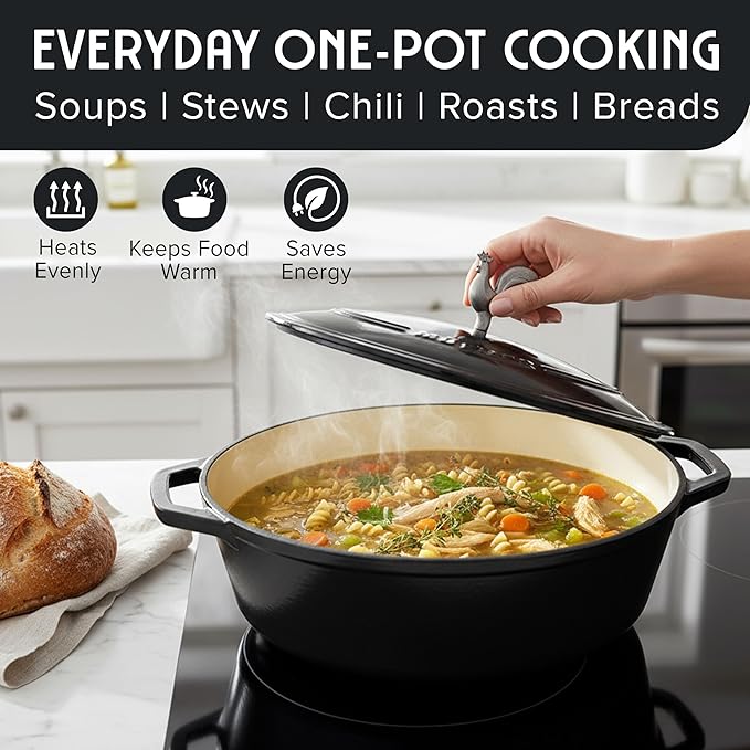 MUELLER HOME 5.5 Quart Enameled Cast Iron Oval Dutch Oven with Rooster Knob & Cotton Potholders, Heavy-Duty Cookware, Oven-Safe up to 500째 F & Across All Cooktops, Gifts for Grandma & Women, Black