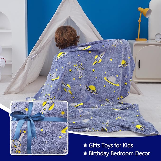 QSTEHEML Space Glow in The Dark Blanket,Galaxy Gifts Toys for Kids Boys Age 3-12 Years Old,Birthday, Decor for Child, Toddler, Teen and Grandkids Soft Throw 50"횞60"