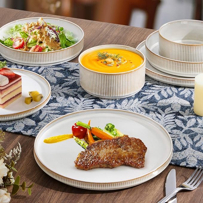 LIANYU 8 Piece Stoneware Plates and Bowls Dishes Set for 2, Dinnerware Sets with Pasta Bowls, Ribbed Dining Ware Dishware for Home Wedding, Microwave and Dishwasher Safe, Dawn Beige