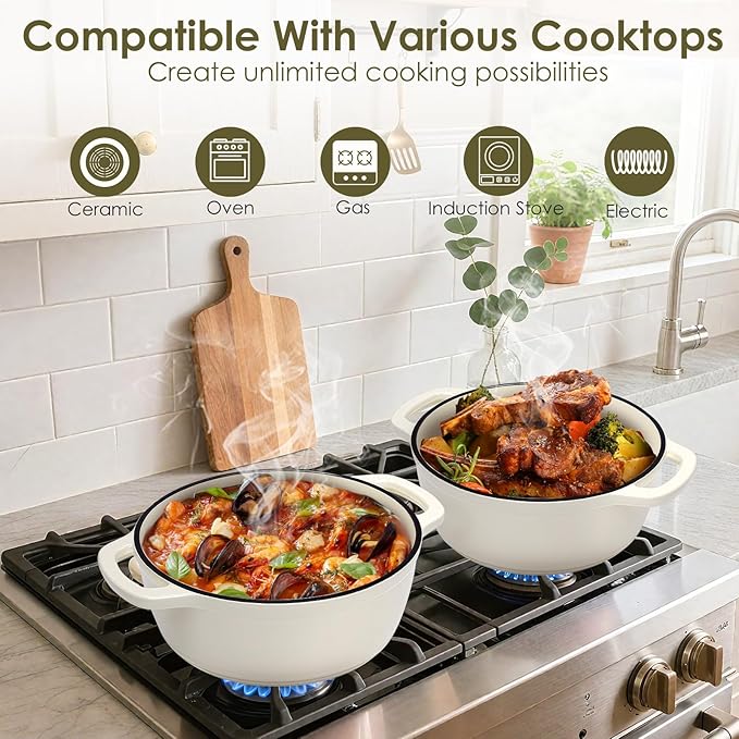 Enameled Cast Iron Dutch Oven Pot With Lid - AIVIKI 5QT Dutch Oven for Bread Baking With Cotton Potholders - Heavy-Duty Cookware for Braising, Stew, Roasting, Oven Safe up to 500째F, Cream White