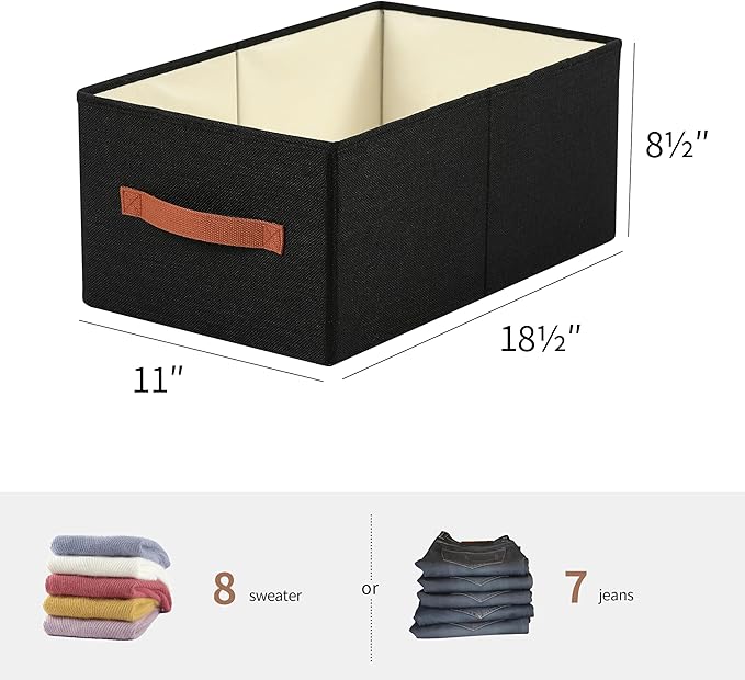 linen closet organizers and storage, 3 Pack Large Storage Baskets, Washable, Clothing Storage Bins with Handle, Closet Organizer for Storage Sweater,Sheets (Black, 18쩍"x11"x8쩍")