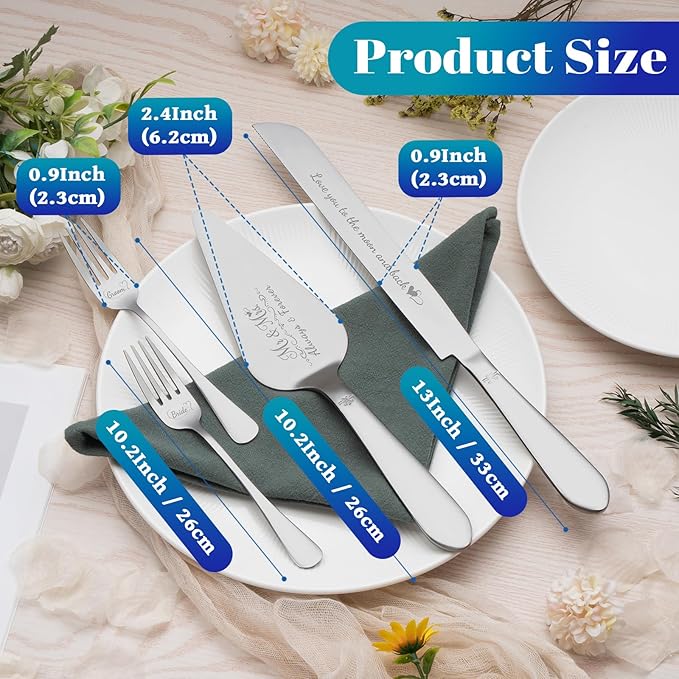 Cake Cutting Set for Wedding, Elegant Cake Knife and Server Set with Stainless Steel Forks, Cake Cutter and Pie Spatula for Engagements, Anniversary, Bride and Groom, 4 Pcs, Silver