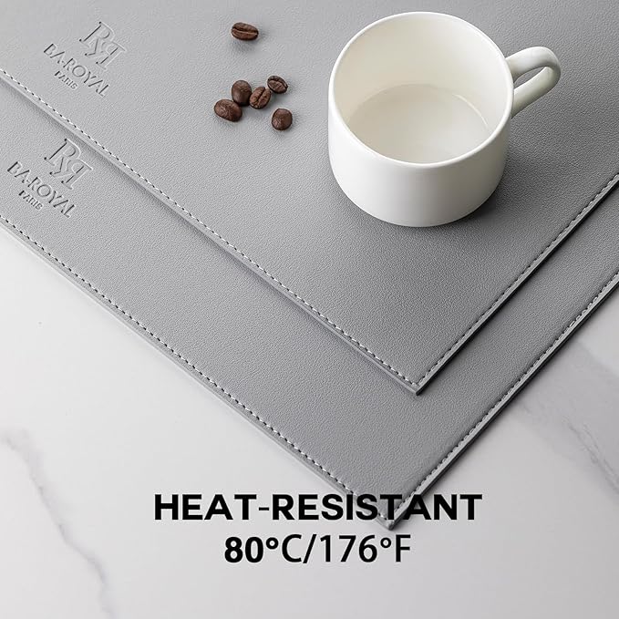 Baroyal Faux Leather Placemats Set of 6 Vinyl Washable Wipeable Table Mats for Kitchen Dining Table Heat Resistant Waterproof Modern Indoor/Outdoor Placemats Non-Slip Easy Clean Place Mats (Gray)