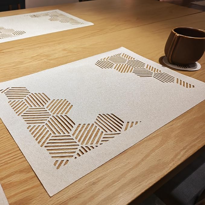 Cloth Placemats Set of 4 for Dining Table, Decorative Placemats with Hollow Design Table Cloth Set, Table Mats for Dining Table 12"x18" Cream