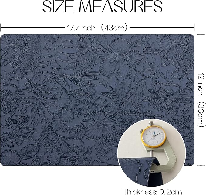 Romanstile Vinyl Placemats Set of 4-12 X 18 Inch - Heat Resistant Non-Slip Embossed Floral Place Mats 100% Waterproof Oilproof Wipeable Faux Leather Table Mats for Kitchen/Dining/Party, Navy Blue