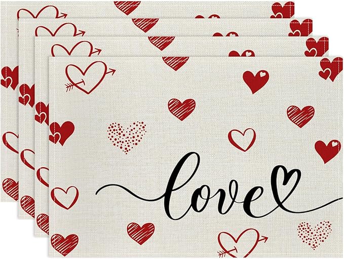 Valentine Placemats Set of 4, 12x18 Inch Love Hearts Table Mats, Seasonal Anniversary Holiday Valentines Day Table Decorations for Kitchen Dining Home Party Decor (White)