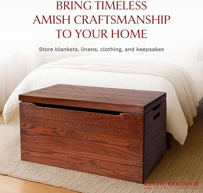 Hope Woodworking Amish Made Wooden Storage Chest Trunk Box with Lid and Handles for Bedroolanket, Clothes, Anti-Slam Hinges, Handmade, Rustic, Oak Wood, Michaels Stain, 36"