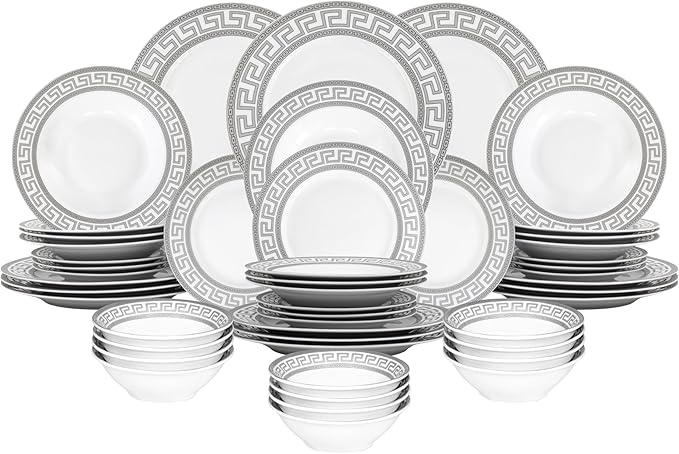 48 Piece Porcelain Dinnerware Sets for 12 ??Plates and Bowls ??White with Silver Greek Key Design Dish Set for Kitchen Table, Everyday Dining or Formal Occasions (Meander Silver)