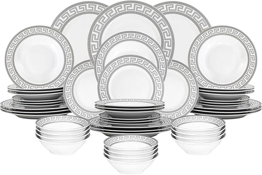 48 Piece Porcelain Dinnerware Sets for 12 ??Plates and Bowls ??White with Silver Greek Key Design Dish Set for Kitchen Table, Everyday Dining or Formal Occasions (Meander Silver)