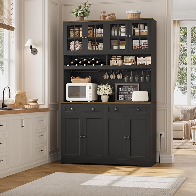 HOSTACK 75.4" Tall Kitchen Pantry Cabinet with Charging Station, Modern White Kitchen Hutch with Microwave Stand and Wine Rack, Large Food Pantry Storage Cabinet with Glass Doors and Drawers, Black