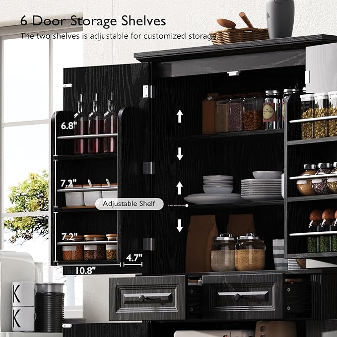 Ball & Cast 71?쿟all Farmhouse Kitchen Pantry Cabinet with 3 Pull Out Shelves & 2 Large Drawers,Versatile Pantry Storage Cabinet w/ 6 Door Shelf & Adjustable Shelves for Kitchen,Dining Room,Black