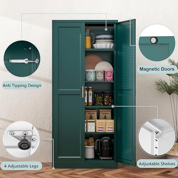 71??Metal Tall Kitchen Pantry Cabinet,Storage Cabinet with Doors and Adjustable Shelves,Modern Kitchen Hutch Cabinet,Freestanding Cupboard for Dining Living Room