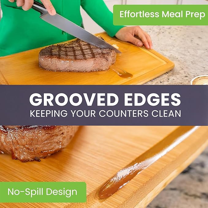 Glue-Free Surface??Extra Large Bamboo Cutting Board Set ??For Chopping Vegetables, Carving Meat, Slicing Bread, and Serving Cheese & Charcuterie for Safer Family Meal Prep ??For Health Conscious Chefs