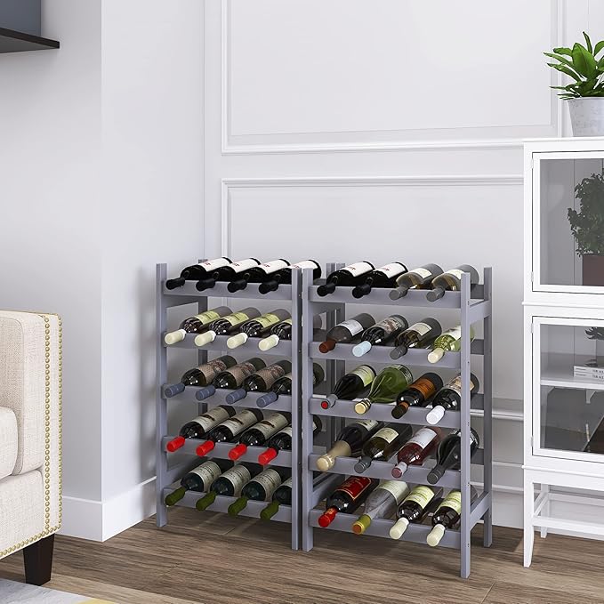 SMIBUY Bamboo Wine Rack, 20 Bottles Display Holder, 5-Tier Free Standing Storage Shelves for Kitchen, Pantry, Cellar, Bar (Gray)