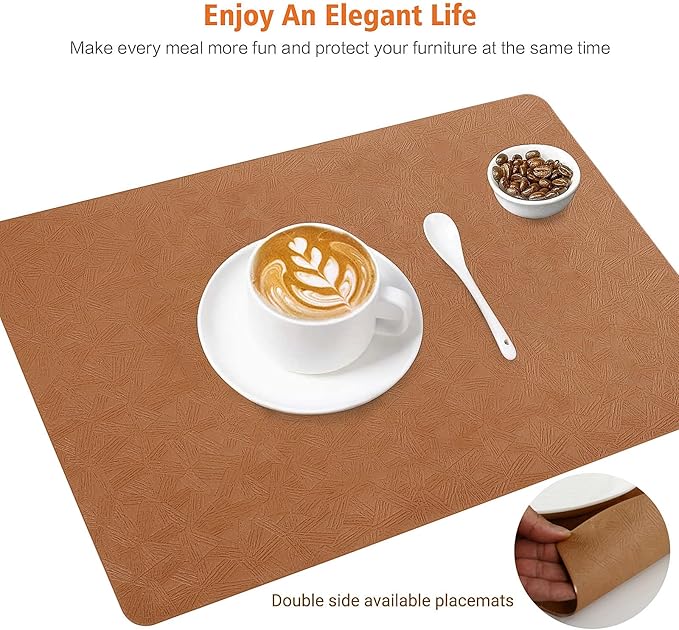 Bxzandya Vinyl Placemats Set of 12 Heat Resistant Easy Clean Non-Slip Place Mats for Dining Table Faux Leather Waterproof Stain Resistant Wipeable Washable PVC Table Mats(12, Light Brown)