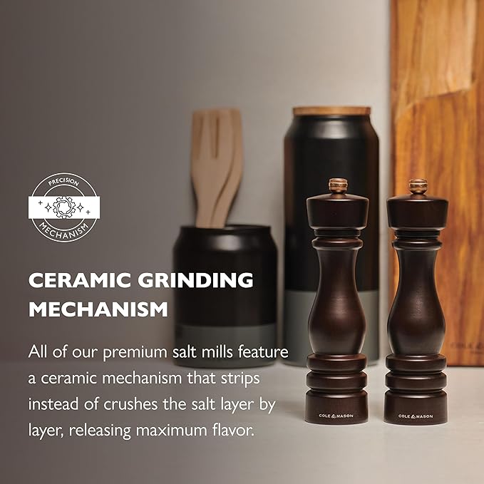 Cole & Mason London Refillable Spice Mill - Kitchen & Home Accessory - Table Salt Grinder - Salt Mill with Ceramic Mechanism - 8", Chocolate Wood