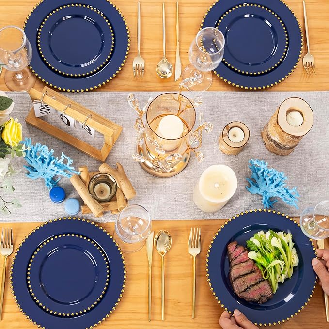 EI 60pcs Dark Blue Plastic Plates with Gold Rim Disposable,Blue Plastic Plates Disposable for Party,Heavy Duty Dinner/Dessert Fancy Elegant Plate for Wedding,Birthday,Afternoon Tea