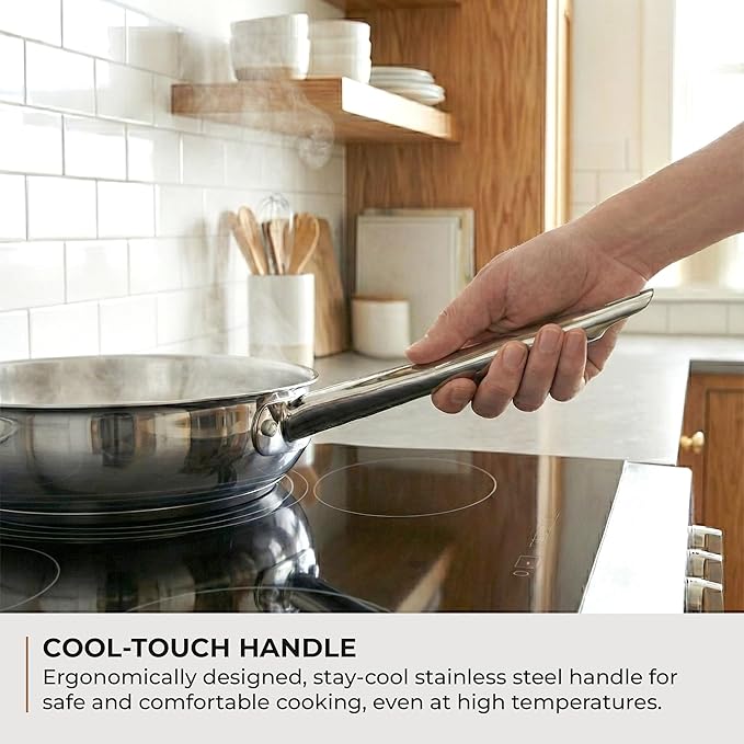 Sunhouse 8 Inch Tri-Ply Stainless Steel Frying Pan, Whole-Clad Skillet with Stay-Cool Handle, Oven Safe to 500째F, Dishwasher Safe, All Cooktop Compatible