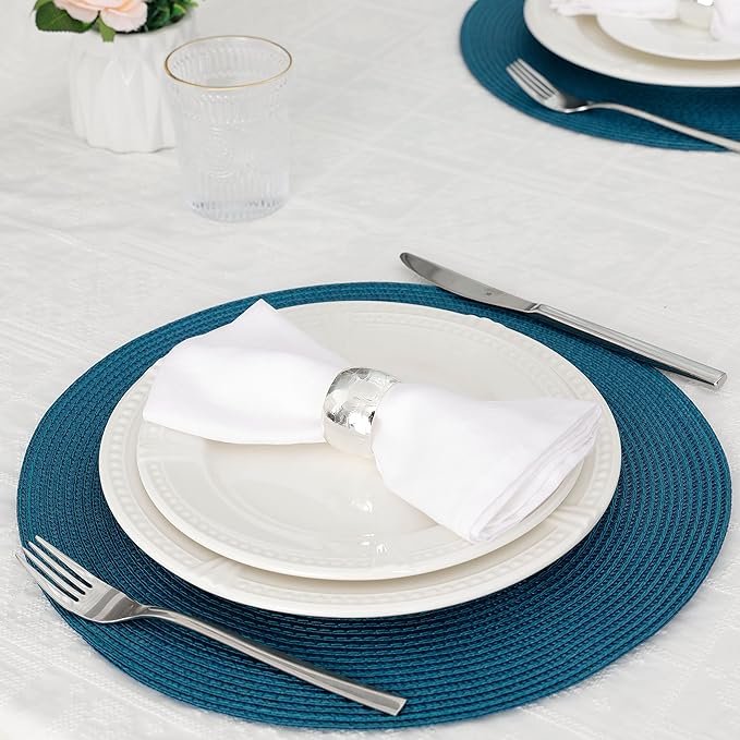 HODJOY Placemats Set of 6, Round Table mats for Indoor and Outdoor Dining Tables, Washable Woven Non-Slip Fall Placemats 15inch (Lake Blue)