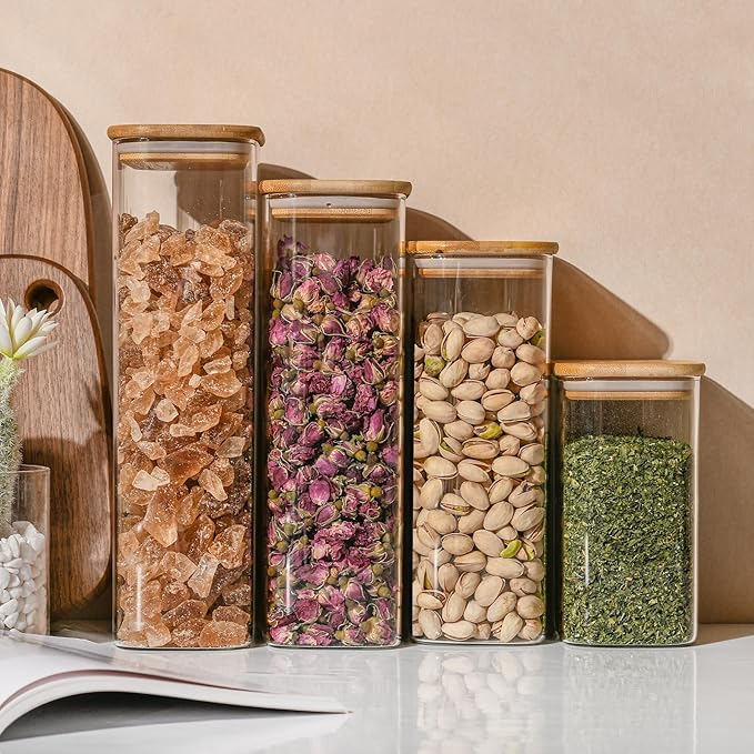 56oz Rectangle Airtight Glass Storage Containers with Bamboo Lids (Set of 4), Square Food Storage Jar, Pantry Organizers for Oats, Cereal, Pasta and Coffee beans (?럚ith Black Lable)