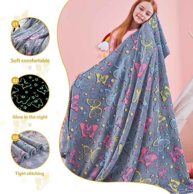 QSTEHEML Butterfly Glow in The Dark Blanket,Butterfly Gifts Toys for Kids Girls Age 3-12 Years Old, Birthday, for Daughter, Toddler, Teen, and Grandkids Soft Throw 50"횞60"