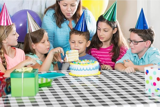 Party Solids 54 Inch X 100 Feet Black Gingham Plastic Table Cover Roll in A Cut - to - Size Box with Convenient Slide Cutter. Cuts Up to 12 Rectangle 8 Feet Plastic Disposable Tablecloths