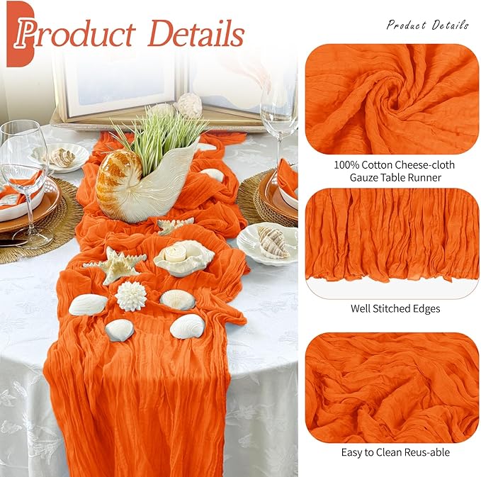 RealBox 3 Pack Orange Cheesecloth Table Runner 17x108 Inch Semi Sheer Boho Gauze Cheese Cloth Fabric Table Runners Table Decor for Wedding Party Baby Shower Birthday Home Decor Garden Farmhouse