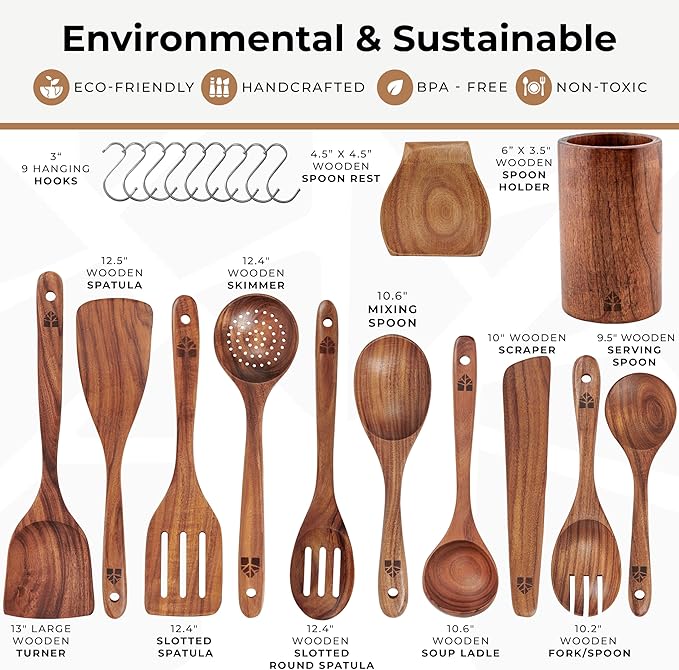 Wooden Spoons for Cooking ??Wooden Cooking Utensils Set with Holder, Spoon Rest & Hooks, Teak Wood Nonstick Kitchen Cookware ??Durable Set of 12pcs by Woodenhouse