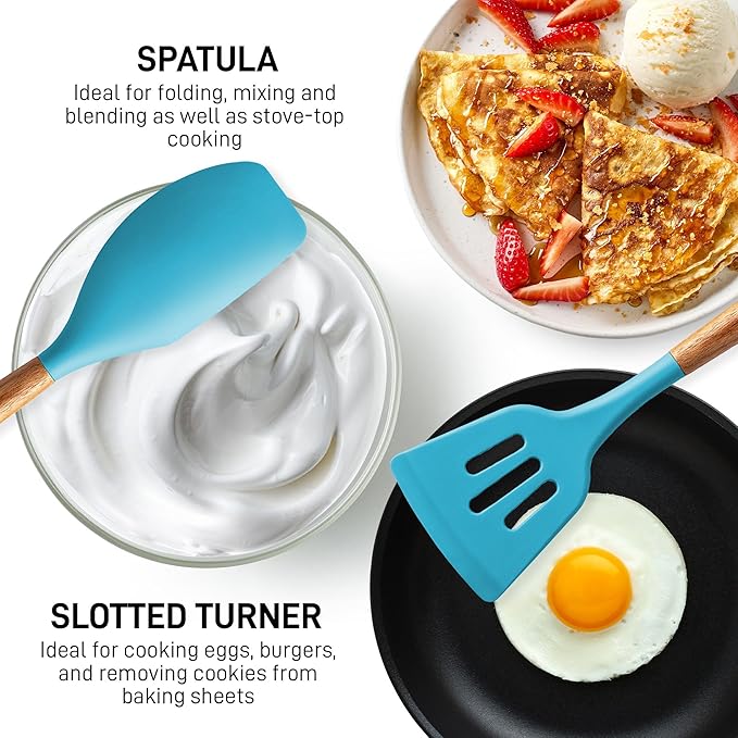 Zulay Kitchen Non-Stick Cooking Utensils Set with Authentic Acacia Wood Handles ??5-Piece Durable & Stylish Silicone Kitchen Utensils Set ??Heat Resistant to 464째F ??Blue