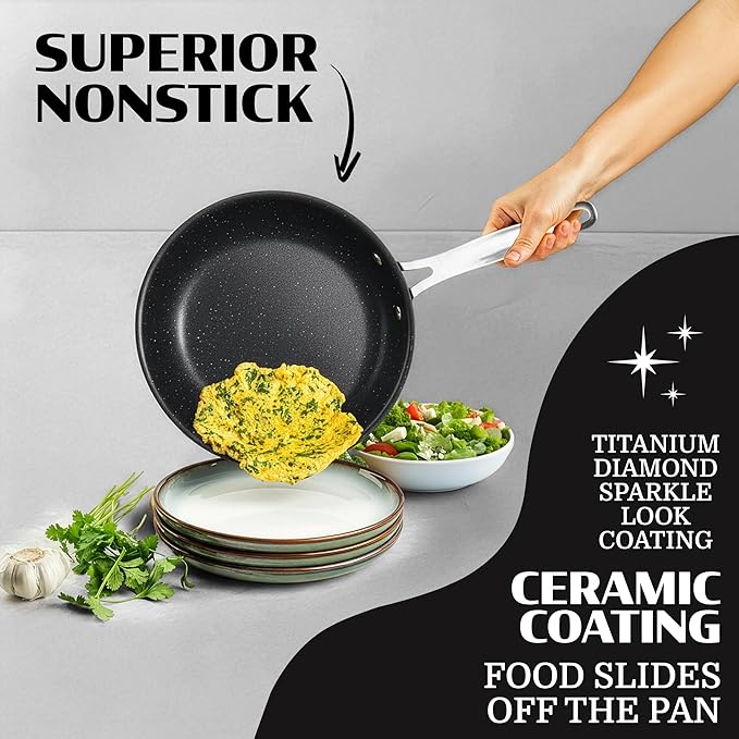 Granitestone Ceraluxe 3pc Non Stick Frying Pans Set, 8,10,12 inch Ceramic Frying Pan Skillet Set, Non Toxic Frying pans Nonstick for Cooking, Induction Ready, PFOA Free, Oven & Dishwasher Safe - Black