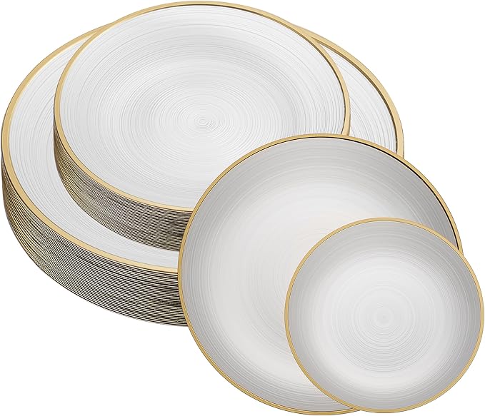 PLASTICPRO 64 Pieces Crystal Design Plastic Plates Combo Pack 7 inch and 10 inch Gold Rim Elegant Disposable Plates, Pearl White