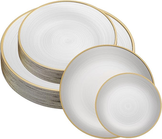 PLASTICPRO 32 Pieces Crystal Design Plastic Plates Combo Pack 7 inch and 10 inch Gold Rim Elegant Disposable Plates, Pearl White