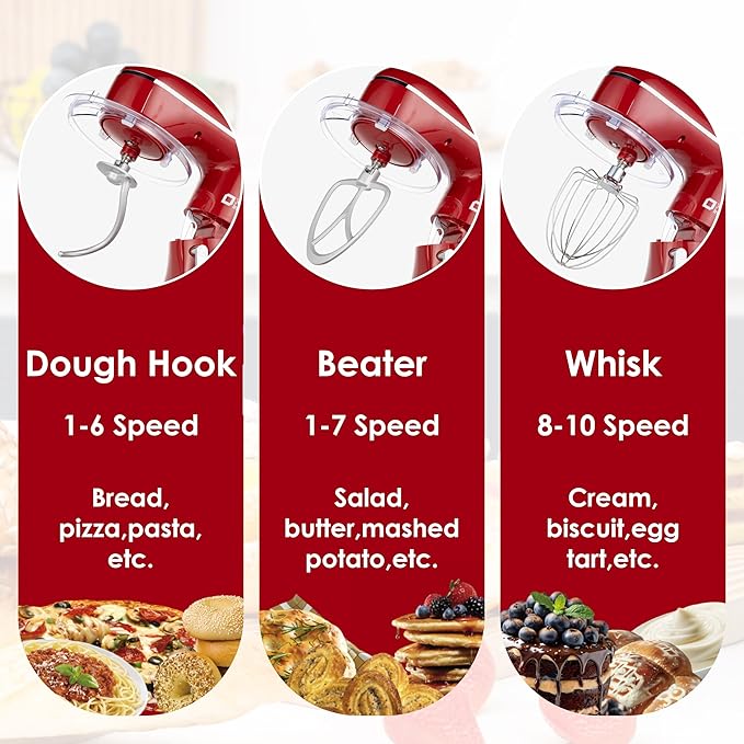 Kitchen in the box Stand Mixer, 6.5QT Electric Food Mixer, 10 Speeds 3-IN-1 Kitchen Mixer for Daily Use with Egg Whisk,Dough Hook,Flat Beater (Red, 6.5QT)