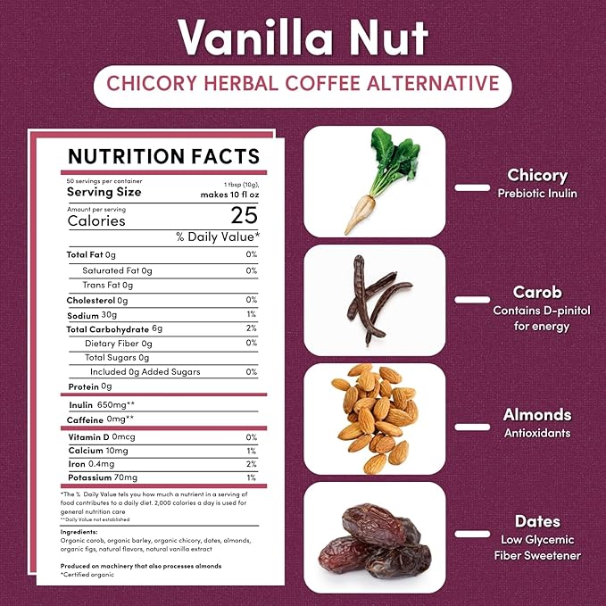 Teeccino Vanilla Nut Chicory Coffee Alternative, 1.1 Pound - Ground Herbal Coffee That?™s Prebiotic, Caffeine Free & Acid Free, Medium Roast