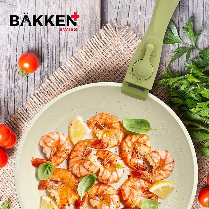 Bakken 15-Piece Non-Stick Cookware Set with Detachable Handles ??Granite Stackable Pots and Pans Set, Dish Washer Safe, Oven-Safe, and Compatible Kitchen Essential for All Stoves ??Green/Cream