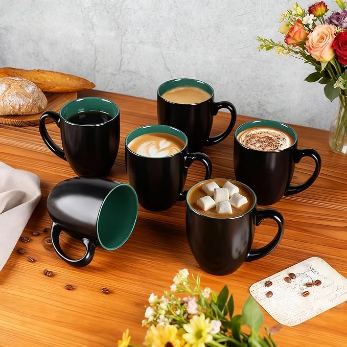 GBhome 12oz Coffee Mugs Set of 6, Large Ceramic Coffee Mugs for Man, Woman, Dad, Mom, Modern Coffee Mugs Set with handle for Tea/Latte/Cappuccino/Milk/Cocoa. Dishwasher&Microwave Safe,Green